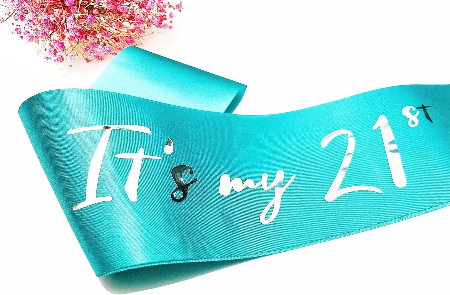 21st Birthday Sash, Blue Green Satin Soft Sashes with Silver Foil Letter, Birthday Decorations for Girls, Happy 21st Birthday Party Favor Supplies,Blue Green