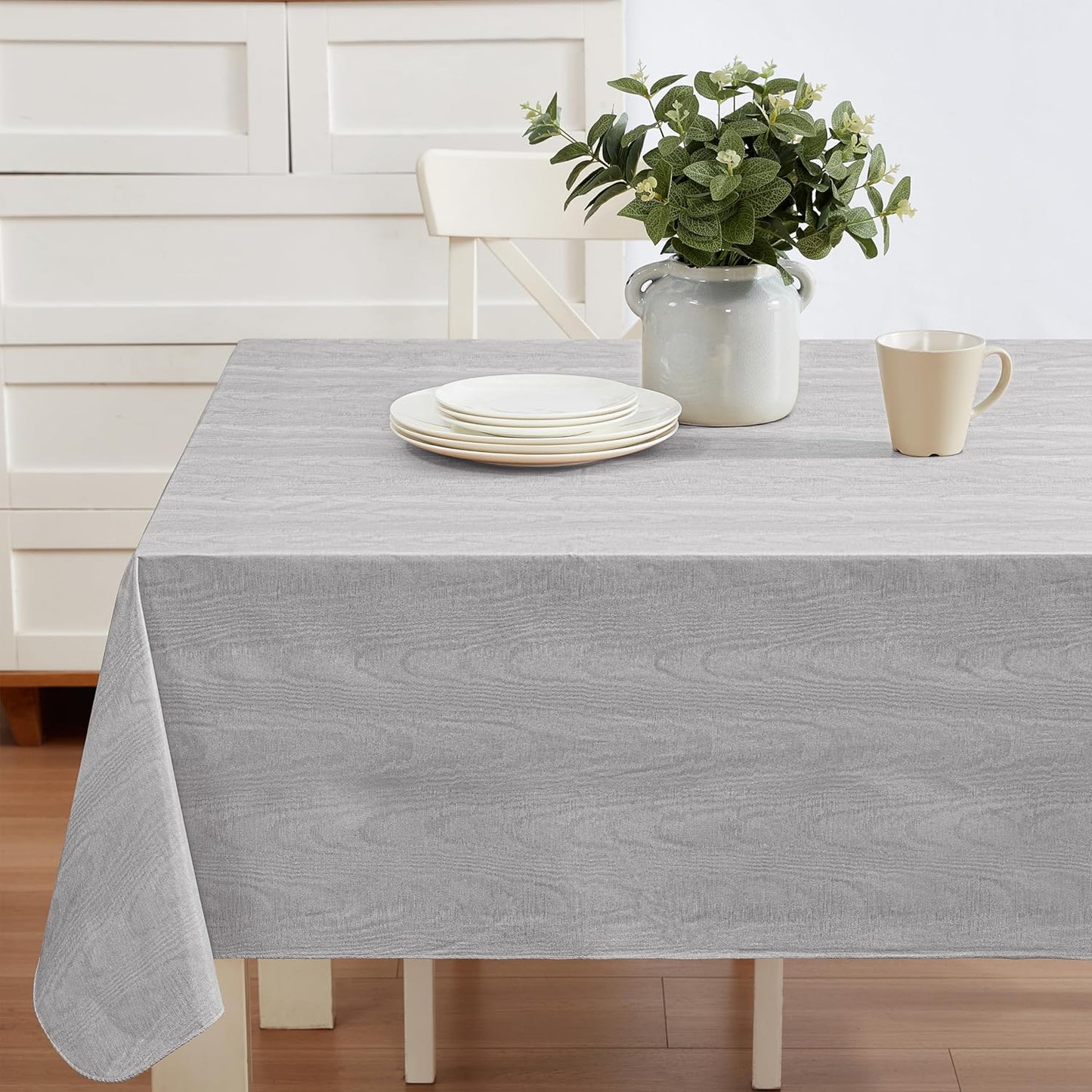 Newbridge Vinyl Flannel Backed Tablecloth, 60 x 102 Inch Rectangle, Grey Moire Wavy Solid Design, Heavyweight Indoor Outdoor Waterproof Table Cover, Easy Care Wipe Clean