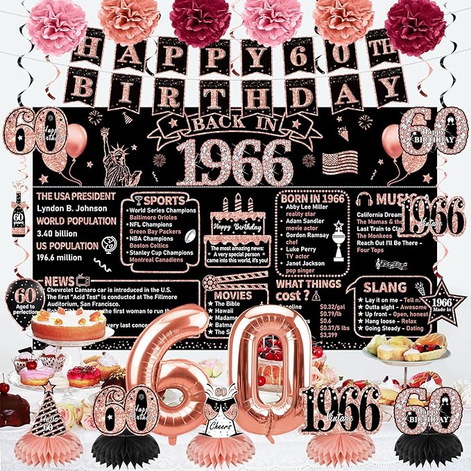 Zirtorei 60th Birthday Decorations for Women, 21pcs the Year 1966 Banner Balloon Party Supplies, Rose Gold 60 Year Old Birthday Backdrop, 60 Bday Honeycomb Centerpiece Hanging Swirls Sash Gifts