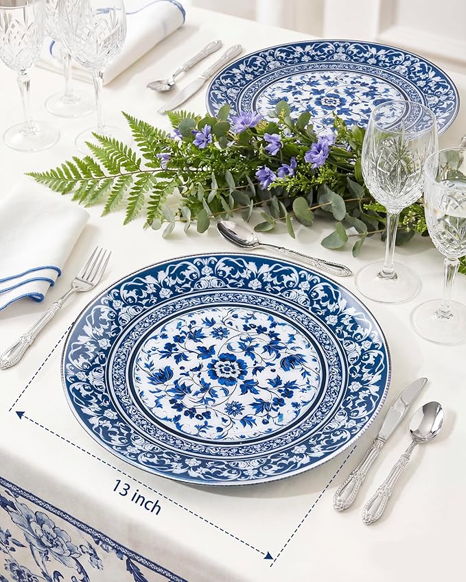 Hioasis 12Pcs Blue Charger Plates & Platters - 13 Inch plastic charger plates, Heavy-duty, BPA-free, Floral Table Chargers for Dinner Wedding & Party