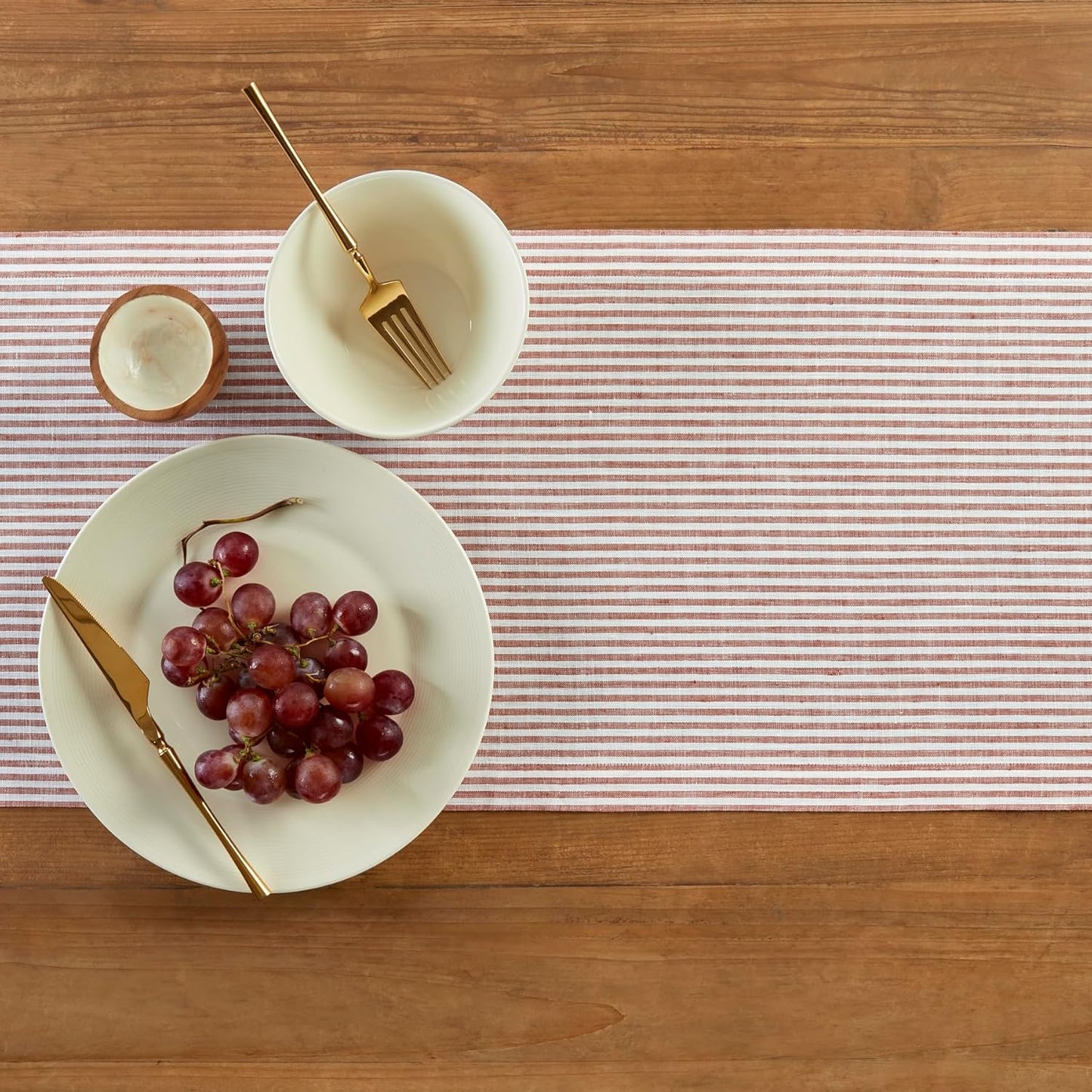Solino Home Linen Table Runner 108 Inches Long - Narrow Stripe, 100% Pure Linen Cinnamon and White Table Runner 14 x 108 Inch for Dining, Fall, Autumn, Halloween, Thanksgiving