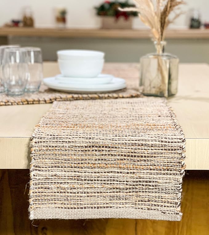 Chardin home Natural Jute Table Runner 13x90 Inch – Vintage Boho Rustic Table Decor – Handwoven Table Runner in Natural Jute and Brown – Farmhouse Dining or Console Table Accent