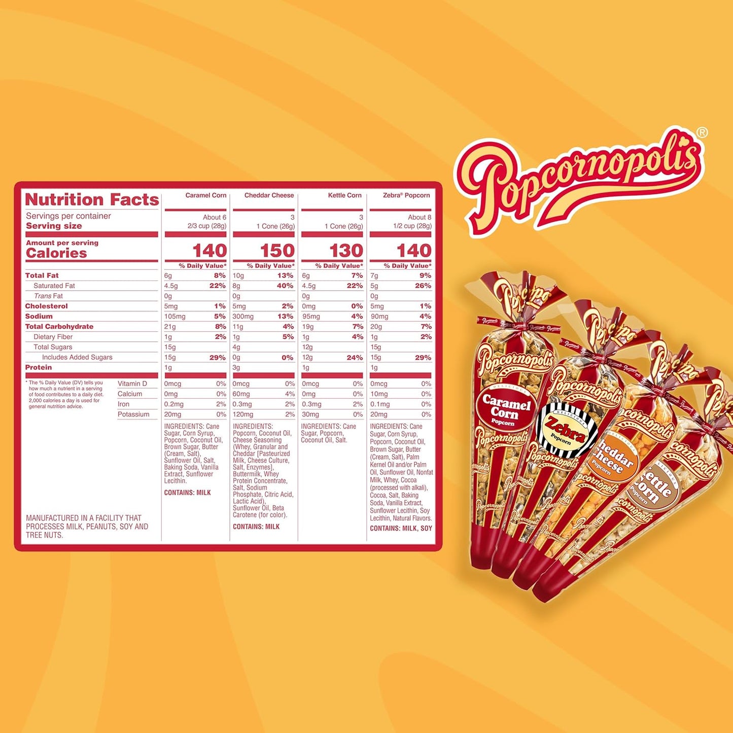 Popcornopolis Gourmet Popcorn Mini Cones Variety Pack (40-Count) –10 Each of Zebra, Cheddar Cheese, Caramel & Kettle Corn Popcorn, Great for Gifting, Parties & Snacks,