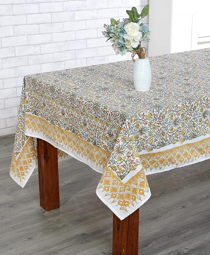Ridhi Hand Block Print Goldenrod Yellow Rectangle Cotton Tablecloth 140" x 72" Reusable Table Cover Decorative Everyday Use for Dining, Farmhouse, Home Gift for Spring, Easter, Valentine