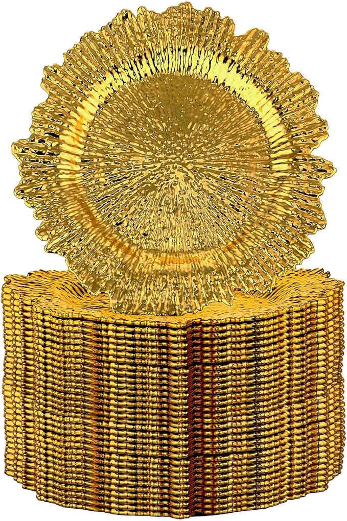 32 Pack Charger Plates Set Reef Chargers for Dinner Table Serving Tray Floral Plastic Decorative Plates for Table Setting Wedding Party, 13 Inch(Gold)
