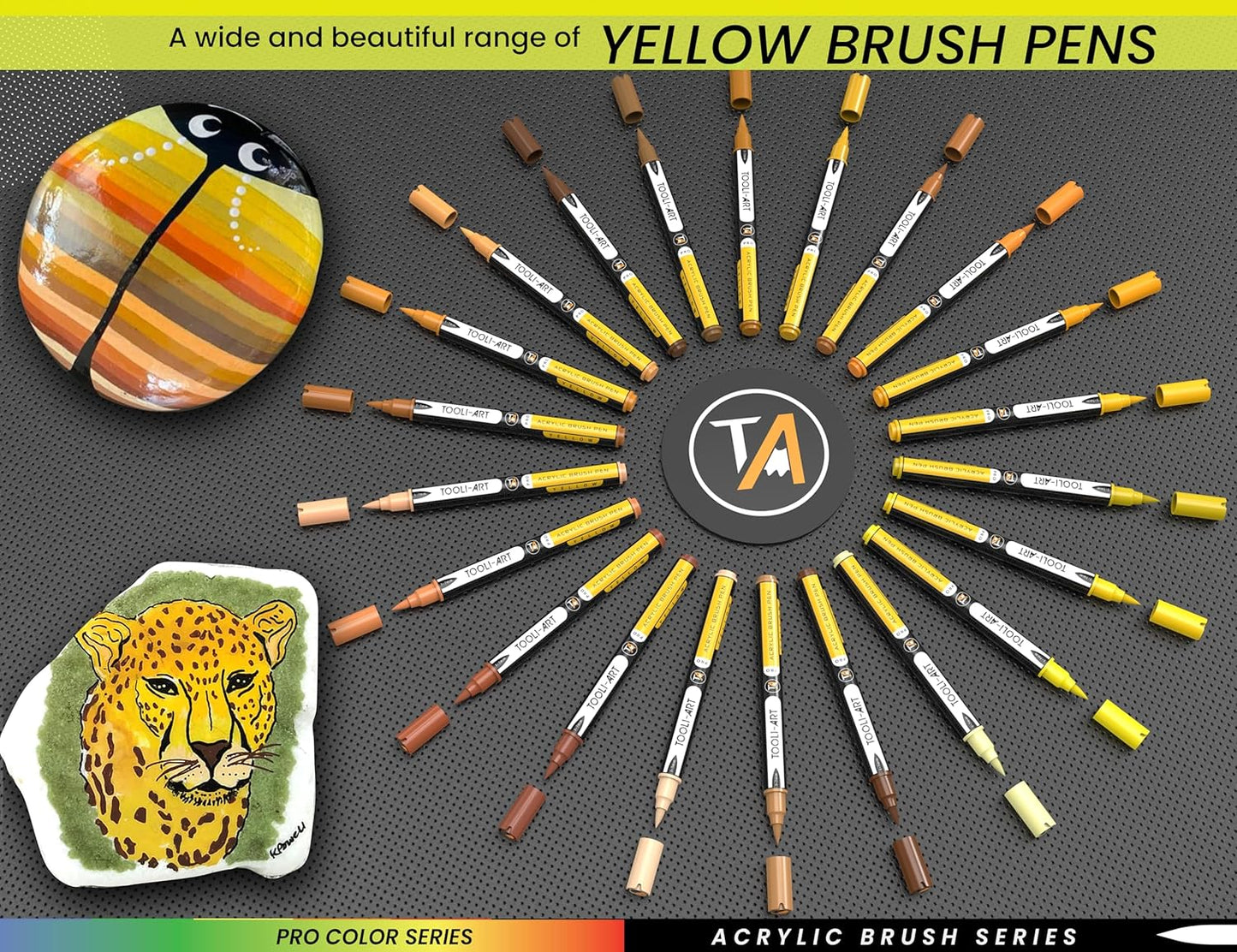 22 Flexible Brush Tip Acrylic Paint Pens Markers Set 1-7mm Line for Rock Painting, Brush Lettering, Glass, Mugs, Wood, Metal, Canvas, Fabric, Plastic. Non Toxic Waterbased Quick Drying Assorted Yellow