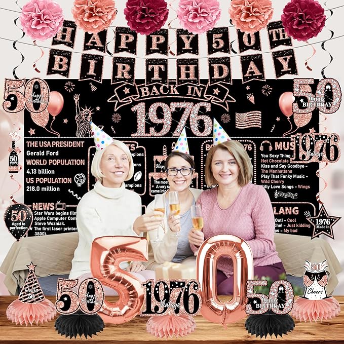 Zirtorei 50th Birthday Decorations for Women, 21pcs the Year 1976 Banner Balloon Party Supplies, Rose Gold 50 Year Old Birthday Backdrop, 50 Bday Honeycomb Centerpiece Hanging Swirls Sash Gifts