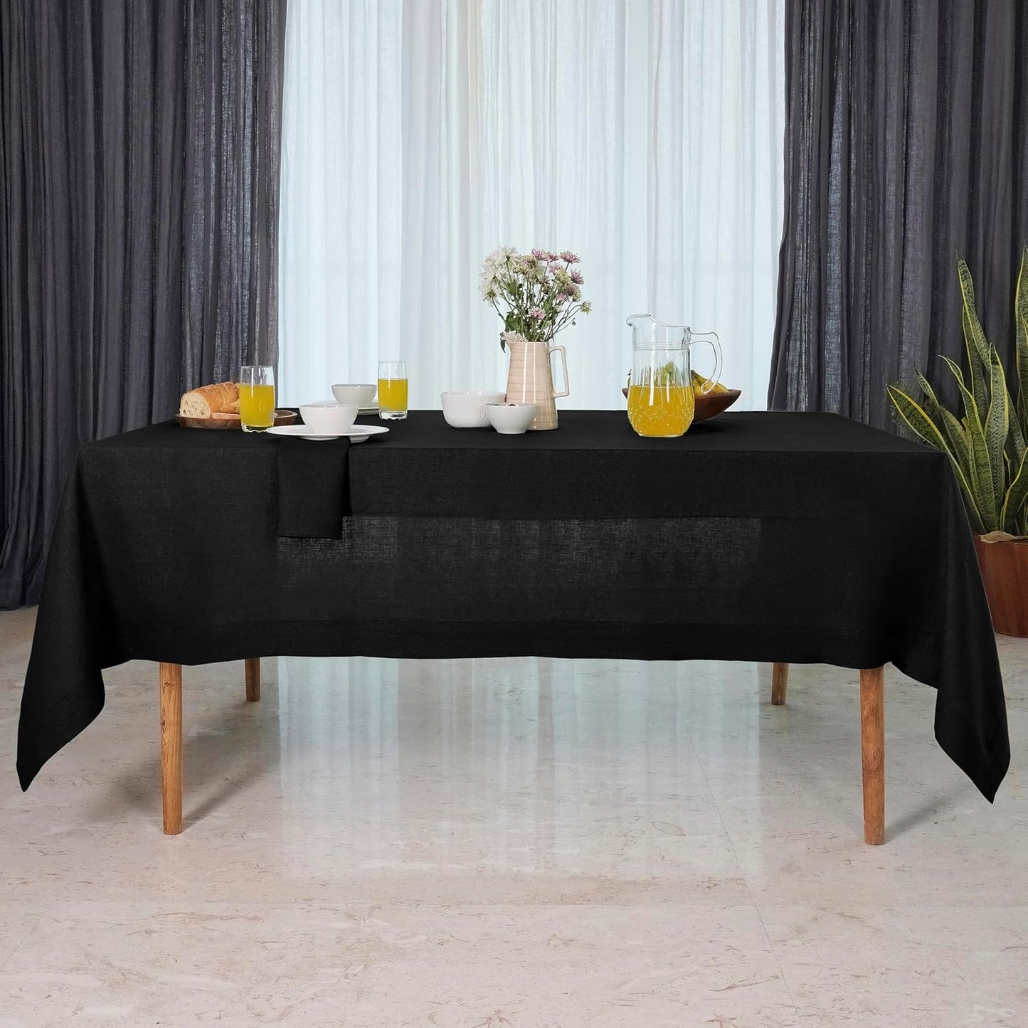 D'Moksha Homes Linen Black Tablecloth 60 x 132 Inch - 100% Pure Linen Rectangular Tablecloth - Machine Washable Table Cloth for Fall, Autumn and Halloween