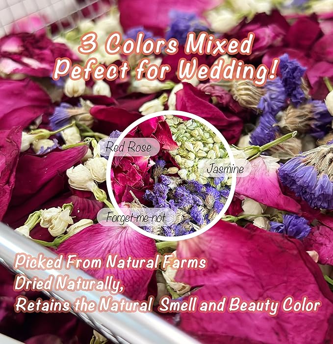 Dried Rose Petals for Bath & Wedding – 3.5oz Natural Red White Blue Biodegradable Confetti – Real Flower Petals for Spa, Soap Making, DIY Crafts, Kid & Pet Friendly, Long-Lasting