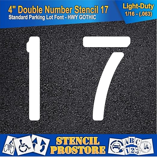 Pavement, Curb, and WheelStop Stencils - 4 inch Double Number Stencil - (17) - 4" x 4" x 1/16" (63 mil) - Light-Duty