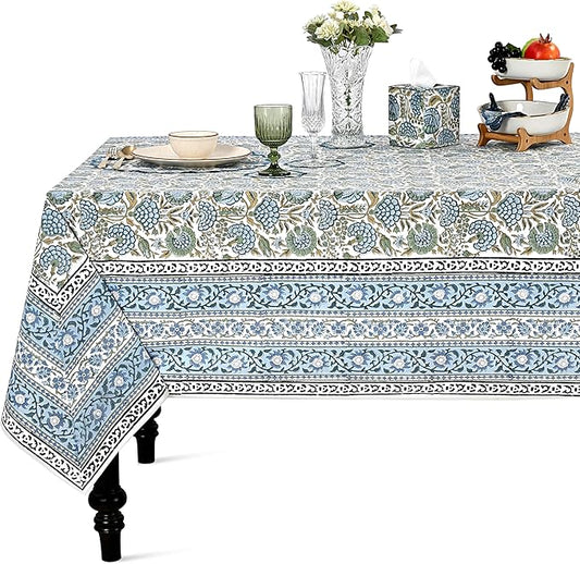 Ridhi Hand Block Print Asparagus Green Rectangle Cotton Tablecloth 140" x 72" Reusable Table Cover Decorative Everyday Use for Dining, Farmhouse, Home Gift for Spring, Easter, Valentine