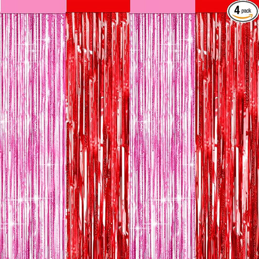 4 Packs Pink and Red Foil Fringe Curtain, Pink Red Metallic Tinsel Backdrop for Birthday, Baby Shower, Princess Bachelorette Party, Valentines Party Decorations Supplies
