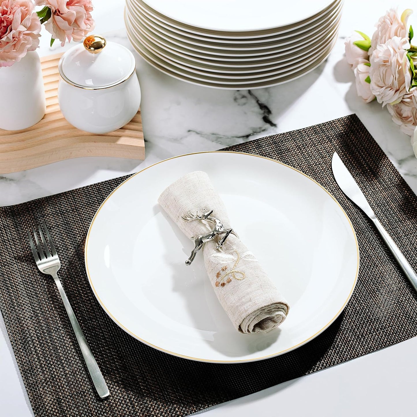 BTaT- White Porcelain Dinner Plates, Set of 12, 10.5" Gold Rimmed, Classic Style, Formal Dining, Christmas Gifts