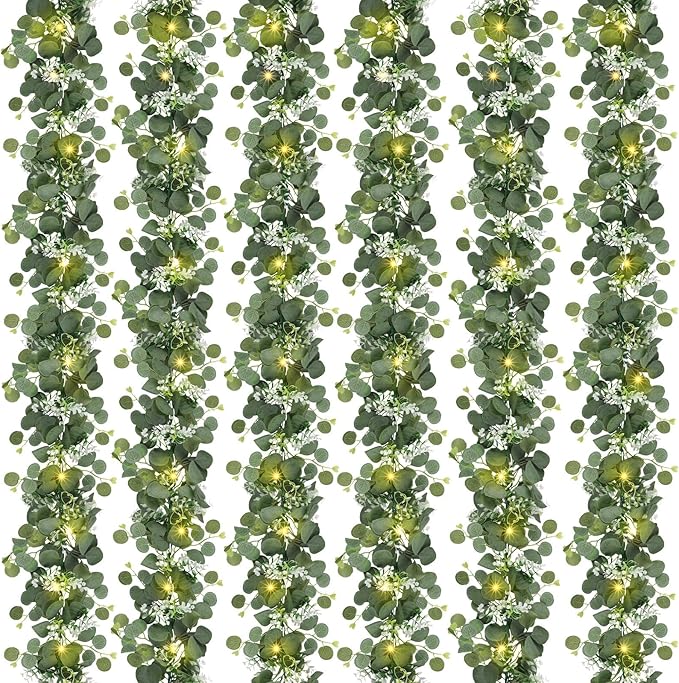N&T NIETING 6 Pack Artificial Eucalyptus Garland with Lights, 6FT Artificial Greenery Garlands, Battery Operated Twig Vine for Room Stairs Mantle Wedding Holiday Easter Decoration Indoor Outdoor