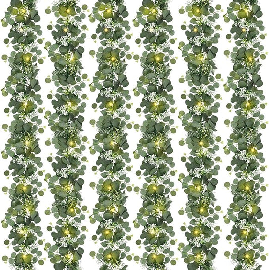 N&T NIETING 6 Pack Artificial Eucalyptus Garland with Lights, 6FT Artificial Greenery Garlands, Battery Operated Twig Vine for Room Stairs Mantle Wedding Holiday Easter Decoration Indoor Outdoor