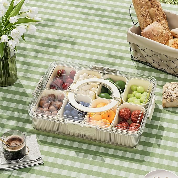 Patent Design Ribbed Snackle Box Container Snack Container Divided Serving Tray with Lid and Handle, 8 Divider Portable Snacklebox for Travel Beach for Charcuterie Veggie Fruit 2 Pack