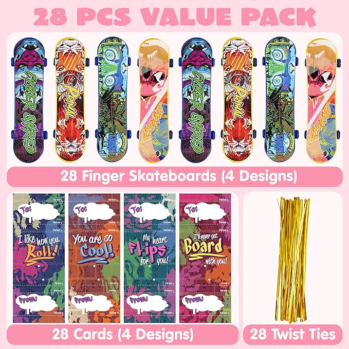 JOYIN 28 Pcs Valentines Day Finger Skateboards with Cards for Kids, Valentine Party Favor, Greeting Cards, Classroom Exchange Prizes, Holiday Reward Gifts, Finger Skateboard Toys