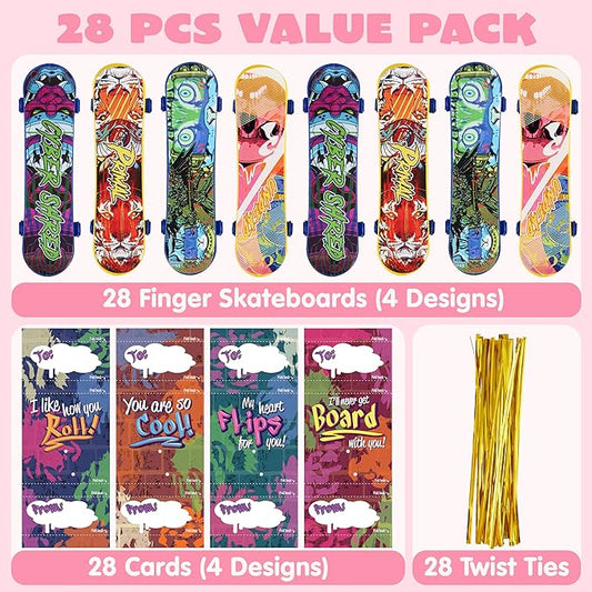 JOYIN 28 Pcs Valentines Day Finger Skateboards with Cards for Kids, Valentine Party Favor, Greeting Cards, Classroom Exchange Prizes, Holiday Reward Gifts, Finger Skateboard Toys