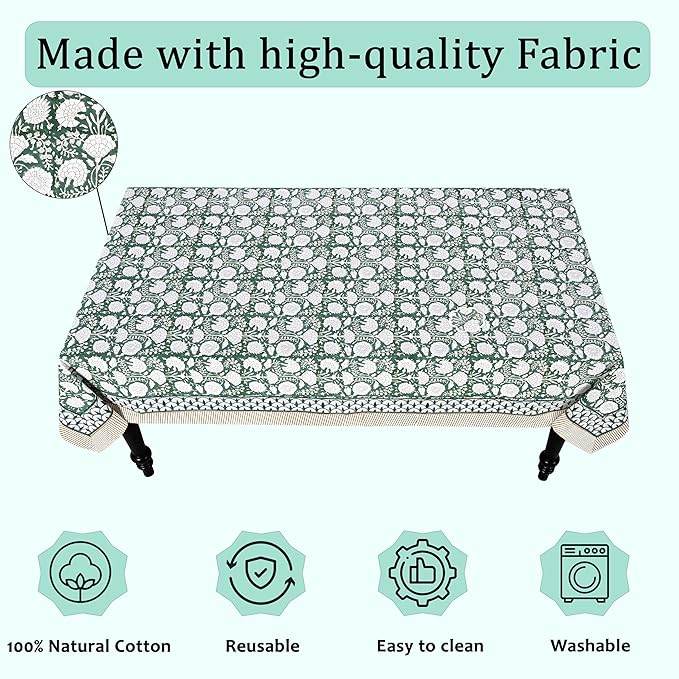 Ridhi Hand Block Print Turquoise Moss Green Rectangle Cotton Tablecloth 108" x 70" Reusable Table Cover Decorative Everyday Use for Dining, Farmhouse, Home Gift for Spring, Easter, Valentine