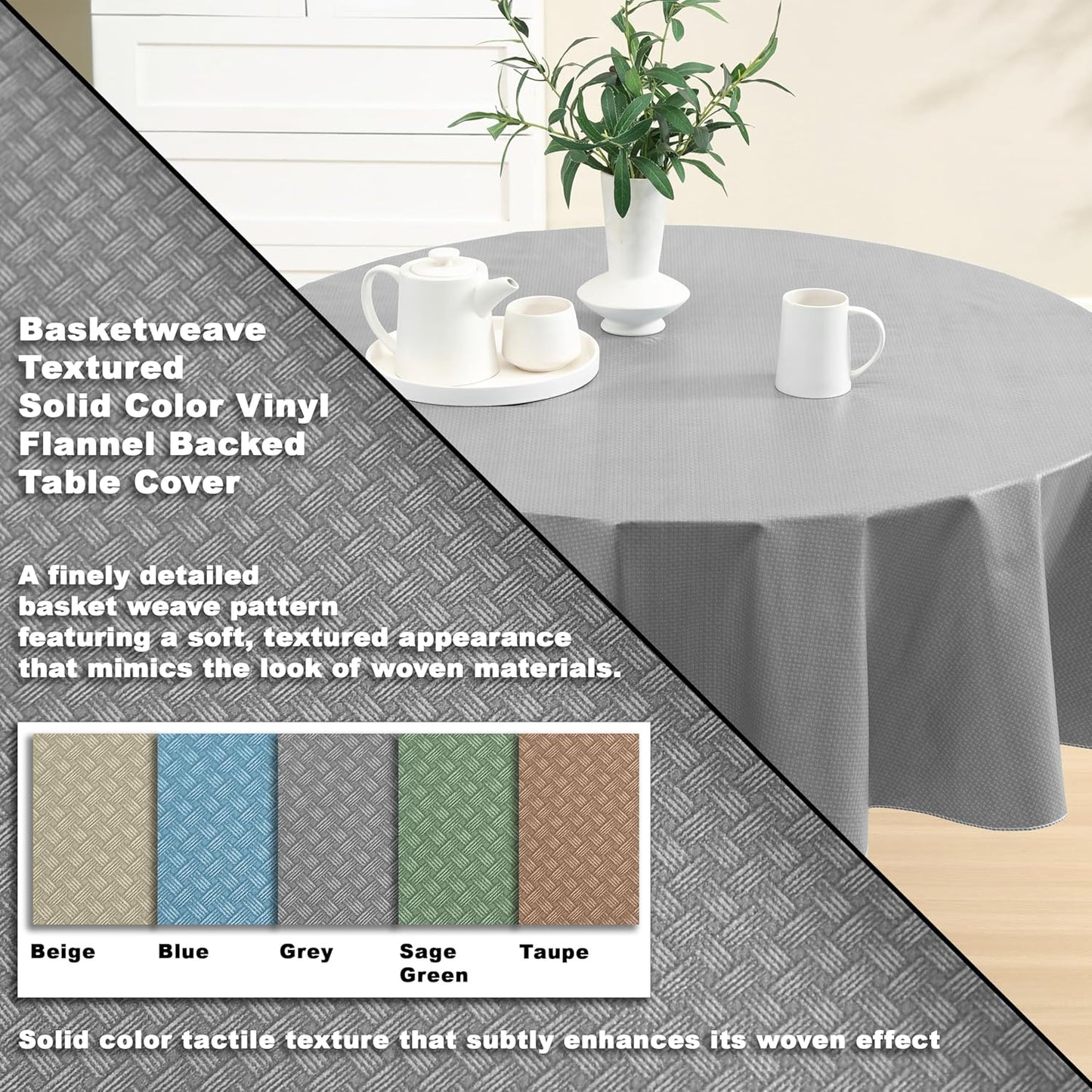 Newbridge Basketweave Vinyl Flannel Backed Tablecloth, 70 Inch Round, Grey, Basket Weave Textured Indoor Outdoor Waterproof Table Cover for Patio, Kitchen, Dining