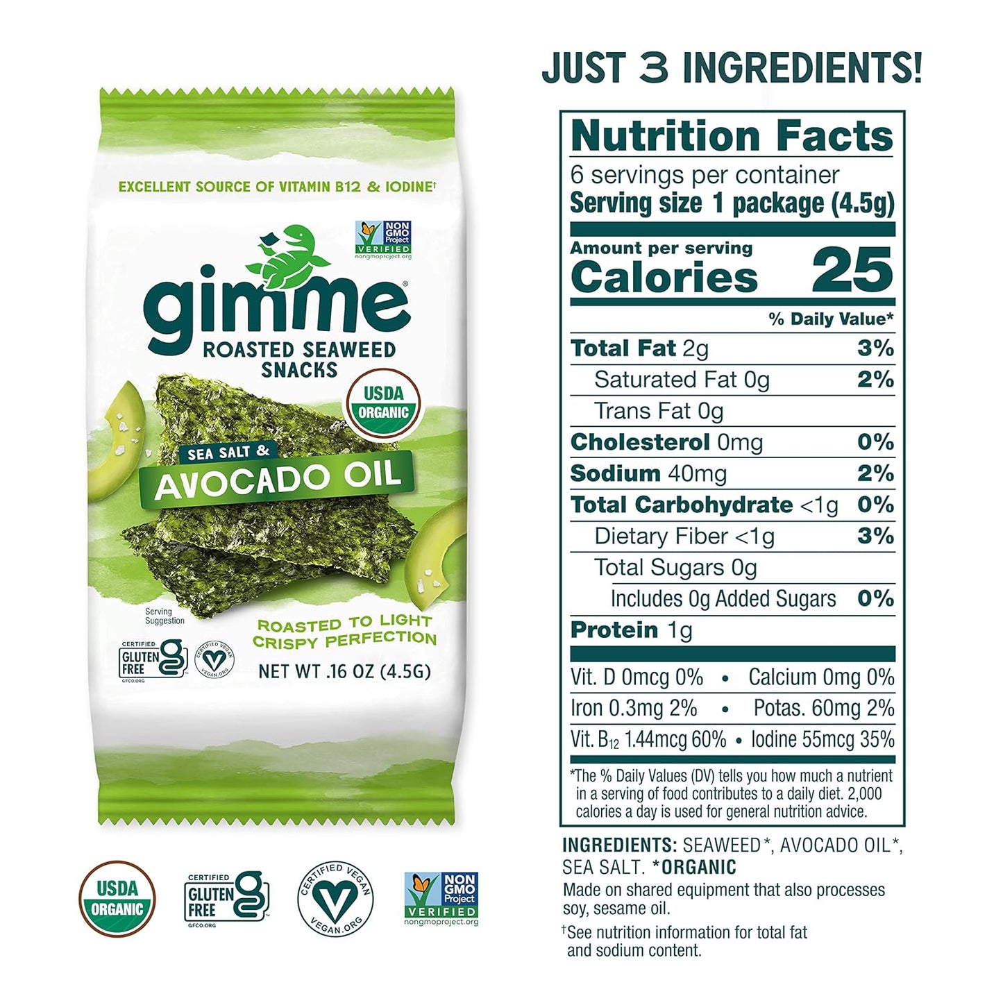 Gimme Seaweed Organic Premium Roasted Seaweed Snacks, Sea Salt & Avocado Oil, 6 Count, Keto, Vegan, Gluten-Free, Great Source of Omega3s and Iodine, Healthy On-The-Go Snack for Kids and Adults