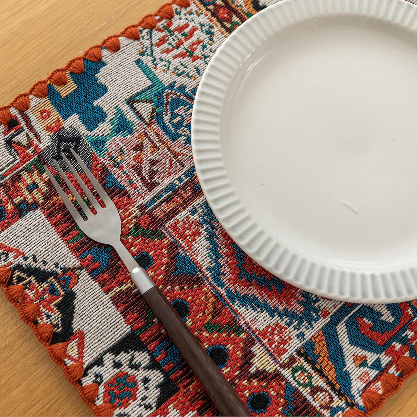 Boho Embroidery Table Runner Accessories Set of 4 Geometry Fall Kitchen Dining Table Decoration for Home Party Decor 13x18inch
