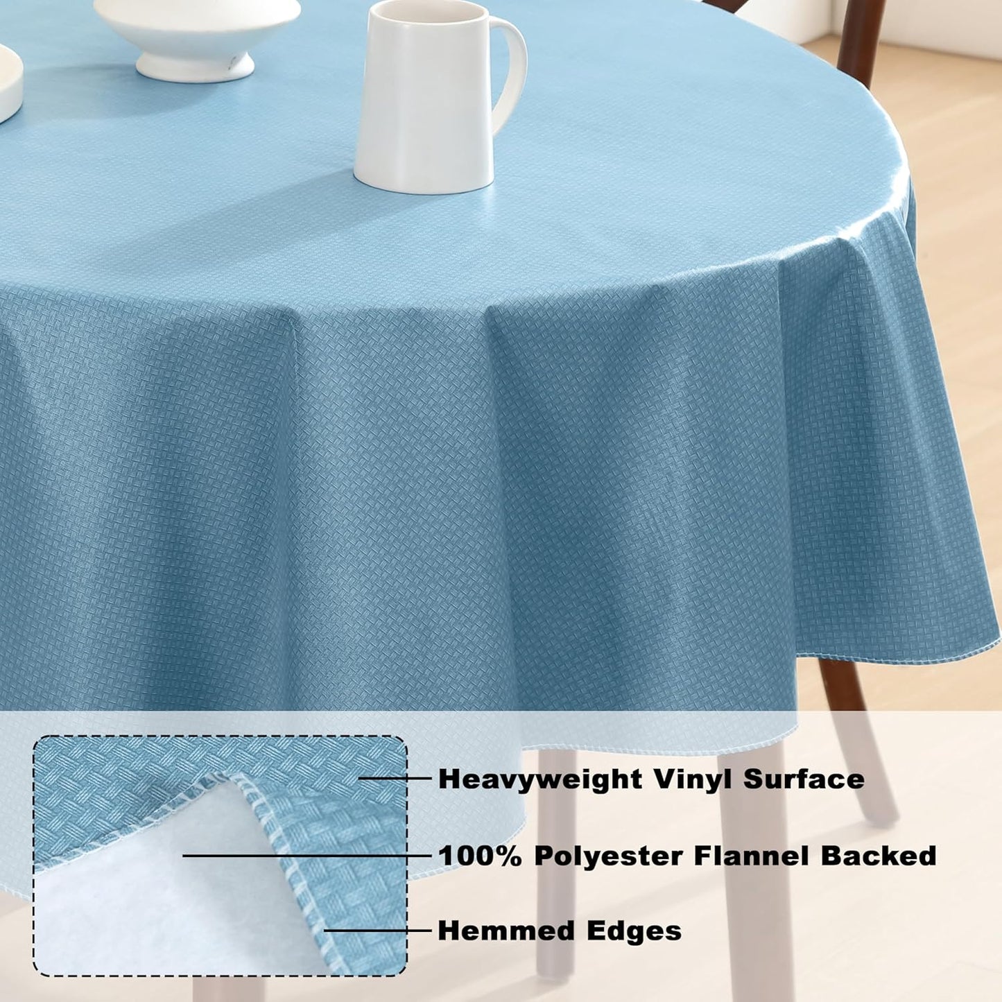 Newbridge Basketweave Vinyl Flannel Backed Tablecloth, 60 x 84 Inch Oval, Blue, Basket Weave Textured Indoor Outdoor Waterproof Table Cover for Patio, Kitchen, Dining