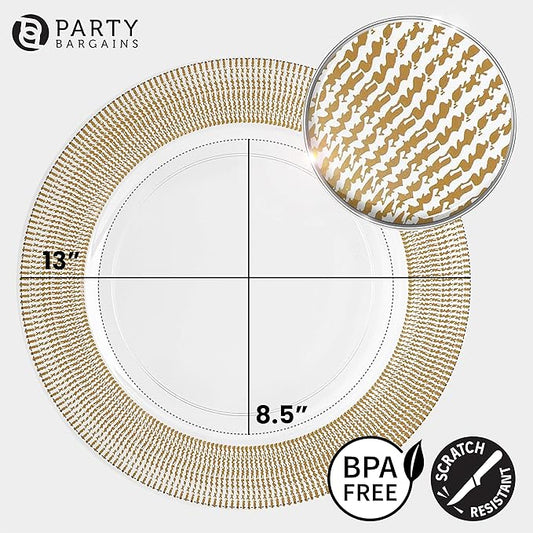 PARTY BARGAINS 13-Inch Charger Plates - 48 Pack, Clear Gold Textured Rim, Heavy-Duty Disposable Chargers for Elegant Dining - Ideal for Weddings and Formal Events