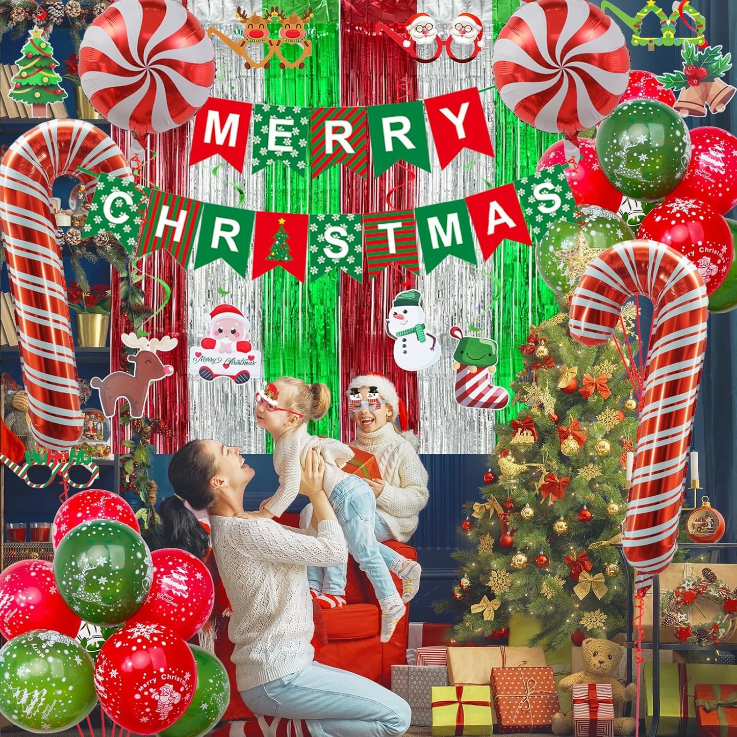 Christmas Decorations, Merry Christmas Decor Banner Hanging Swirls Candy Cane Balloons Tinsel Backdrop Glasses Frames for Indoor Outdoor Decorations