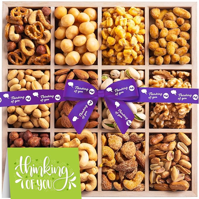 NUT CRAVINGS Gourmet Collection - Thinking of You, Nuts Gift Basket with Thinking of You Ribbon + Greeting Card in Reusable Wooden Tray (12 Assortments) Food Arrangement Healthy Snack Food Assortments