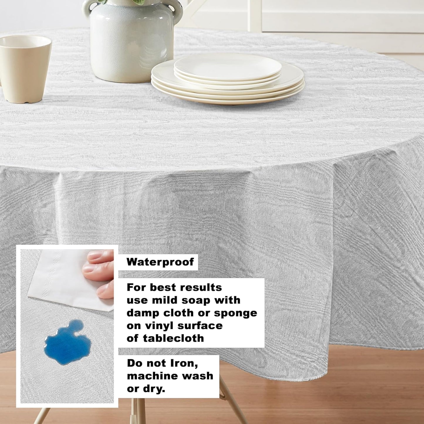 Newbridge Vinyl Flannel Backed Tablecloth, 70 inch Round, Silvery White Moire Wavy Solid Design, Heavyweight Indoor Outdoor Waterproof Table Cover, Easy Care Wipe Clean