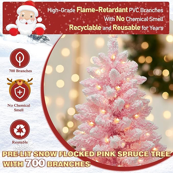 MUPATER 6ft Snow Flocked Christmas Tree Pre-lit, Pink Christmas Flocked Tree with Lights, Artificial Holiday Christmas Tree with Stand for Home Decoration
