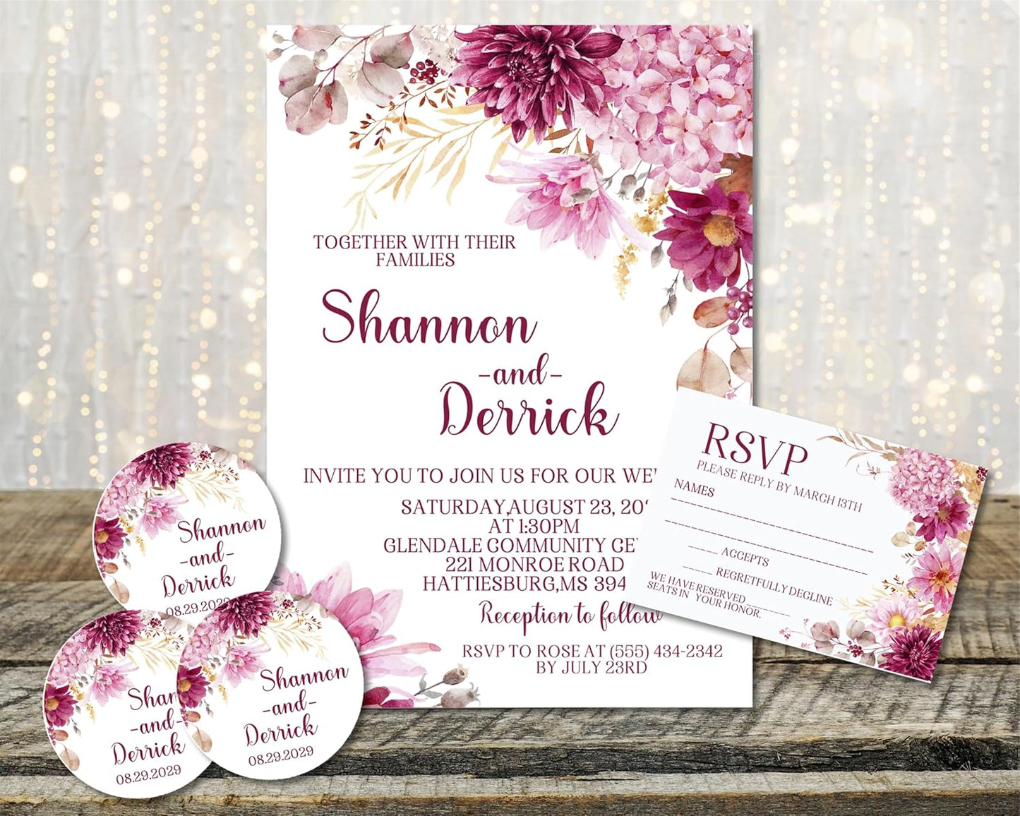 Pink Wedding Invitations, Shades of Pink Floral, Personalized, Set of 12 Invitations with Envelopes