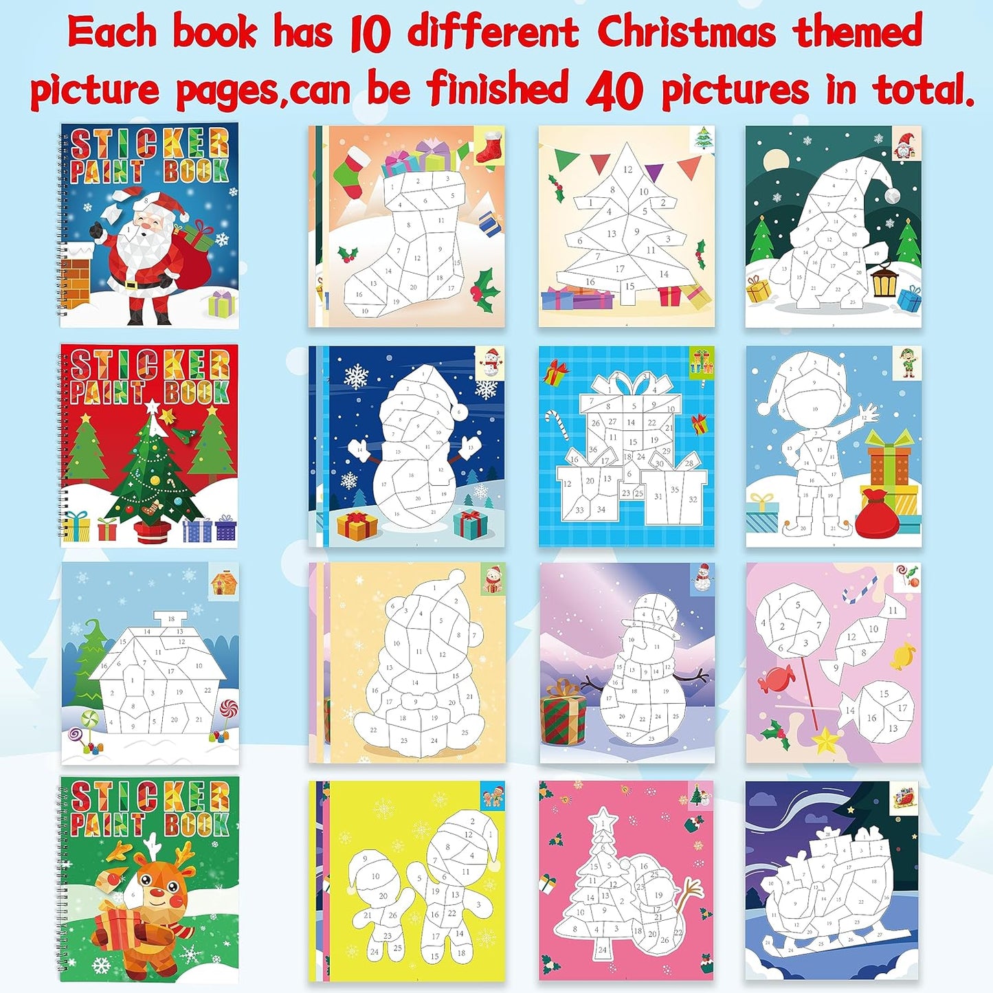 90shine 4PCS Christmas Crafts for Kids Ages 4-8 Sticker Paint Books - Includes Santa Clause Snowman Elf Gnome and More Designs Gift Party Create 40 Pictures