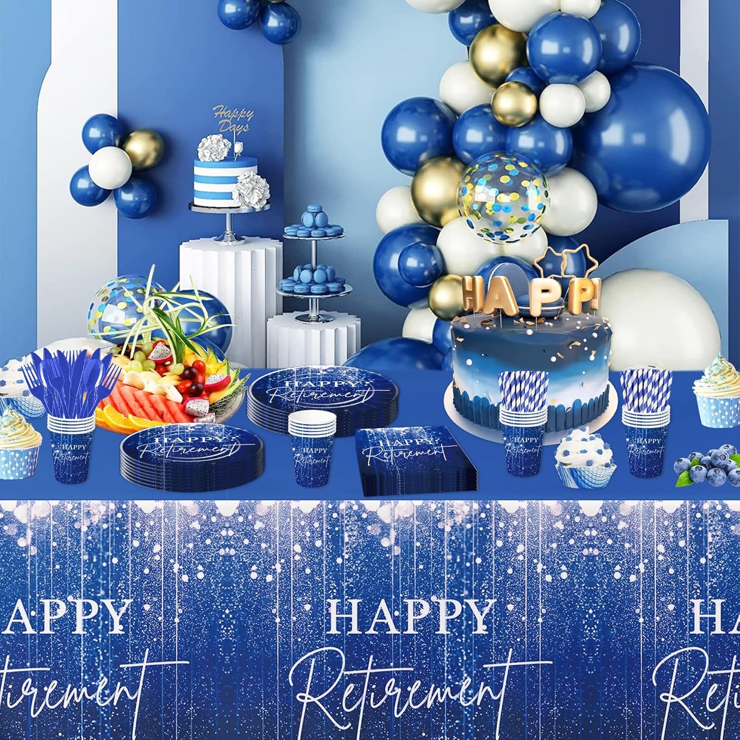 Blue Retirement Party Decorations Tableware For Women Men, Disposable Happy Retirement Party Supplies, Paper Plate, Cup, Napkin, Fork, Serve 24