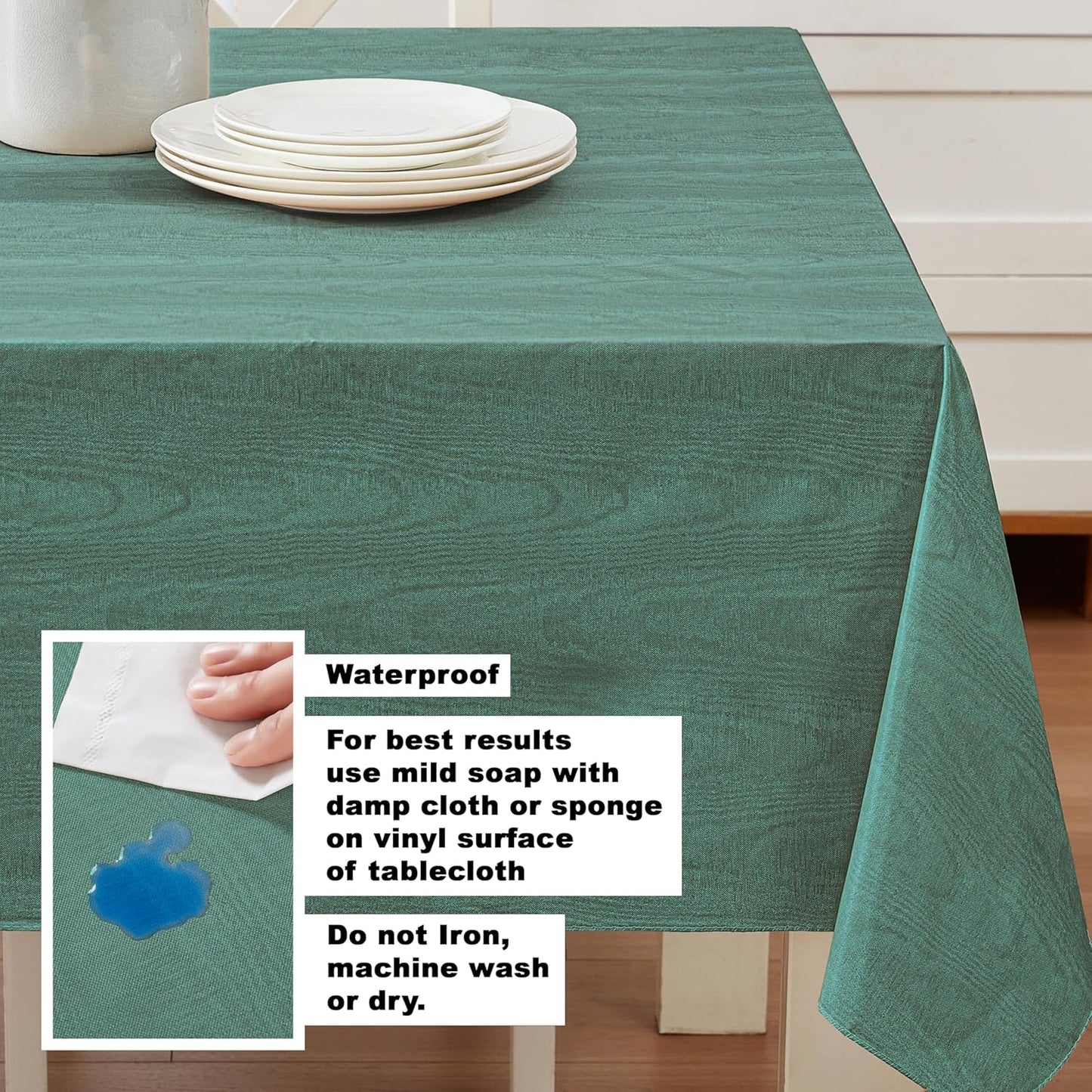 Newbridge Vinyl Flannel Backed Tablecloth, 60 x 120 Inch Rectangle, Hunter Green Moire Wavy Solid Design, Heavyweight Indoor Outdoor Waterproof Table Cover, Easy Care Wipe Clean