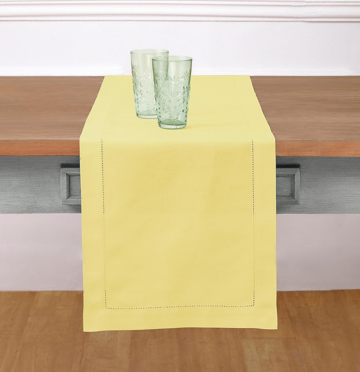 Solino Home Cotton Linen Yellow Table Runner 120 Inches Long - Hemstitch 14 x 120 Inch Table Runner