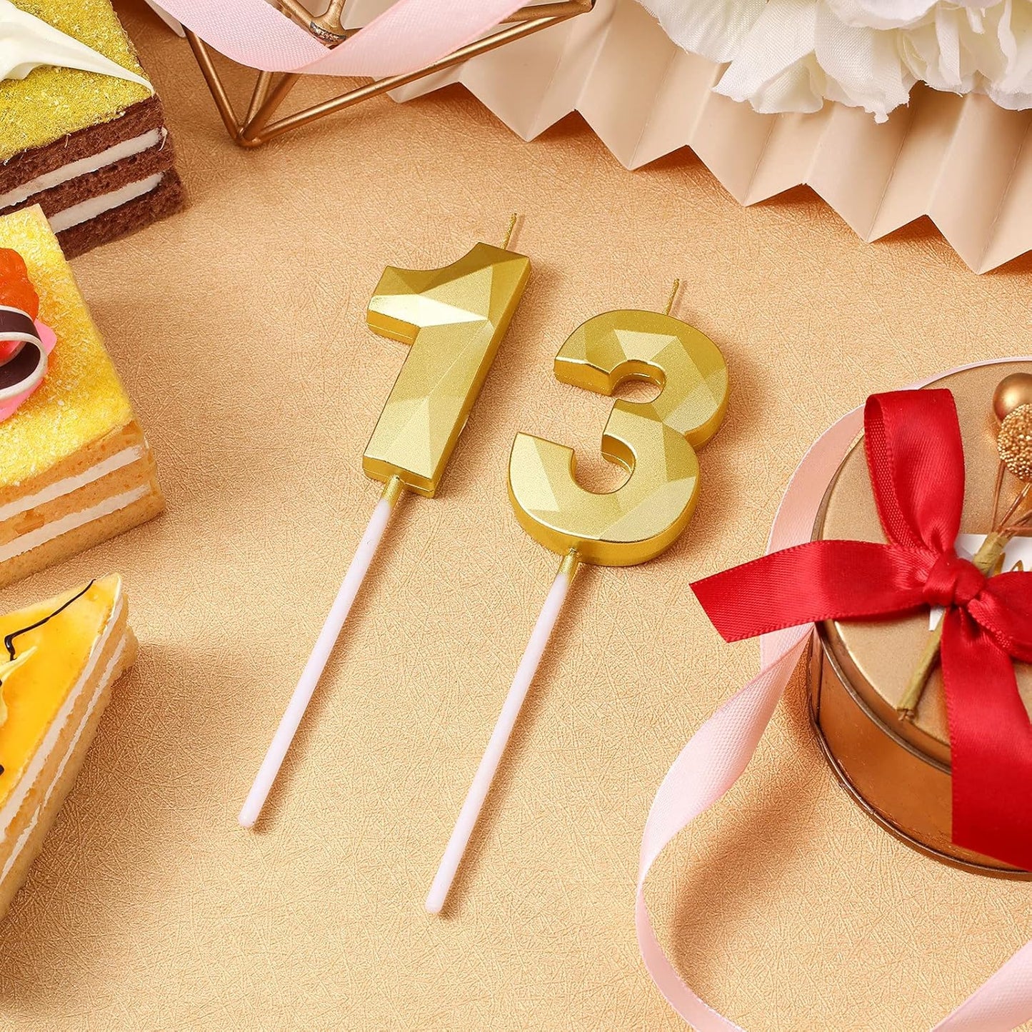 Nuanchu 13th Birthday Candles Gold Number 13 Candles Happy Birthday Cake Topper 3D Diamond Shape Numeral Candles Decoration for Boy Girl Women Birthday Wedding Reunions Theme Party Anniversary Favors