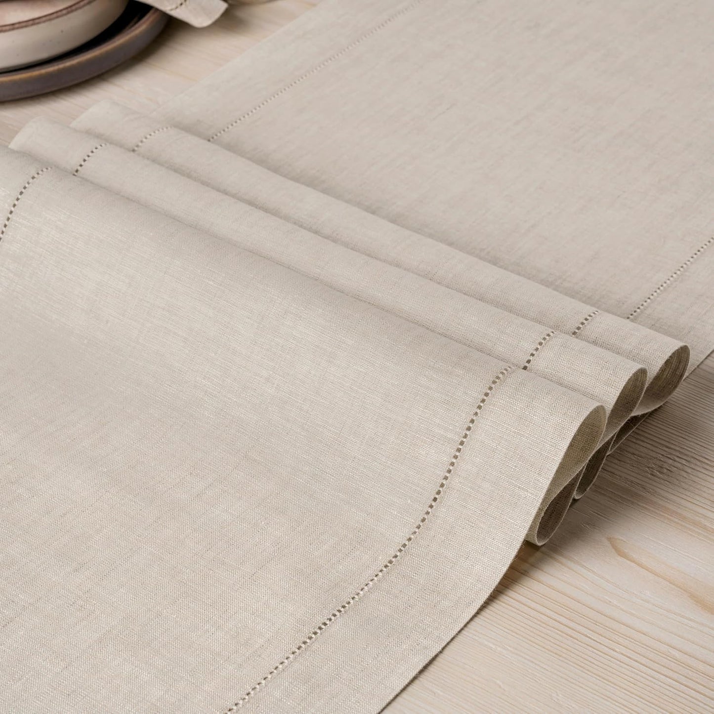 D'Moksha Homes Linen Light Natural Table Runner 72 Inches Long - 100% Pure Linen Hemstitch Table Runner 14 x 72 Inch for Dresser, Dining, Fall, Autumn and Halloween - Classic Hemstitch