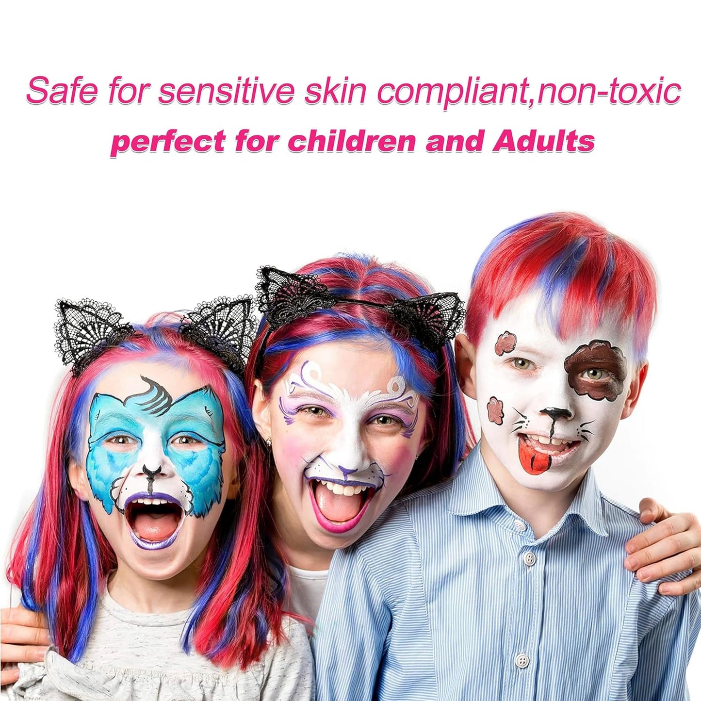 Maydear 48-Color Face Paint Kit for Kids – Washable Makeup with Neon & Metallic Shades, Brushes, Stencils, Rainbow Strip, Hair Extensions & Nail Stickers for Parties & Halloween