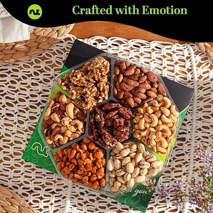 NUT CRAVINGS - Halloween Treats For Adults Mixed Nuts Gift Basket in Green Gold Box (7 Assortments, 1 LB) Holiday Xmas Christmas Food Arrangement, Healthy Snack Care Package, Food Assortments