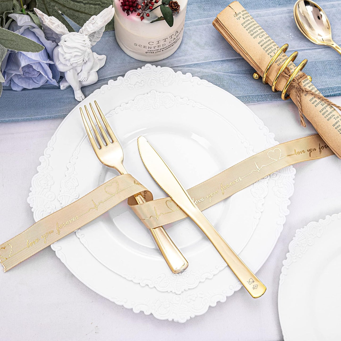 Morejoy 100PCS White Plastic Plates，White Disposable Plates，Include 50 Pieces 10.25 Inch Dinner Plates & 50Pieces 7.5 Inch Dessert Plates,Perfect for Weddings & Party