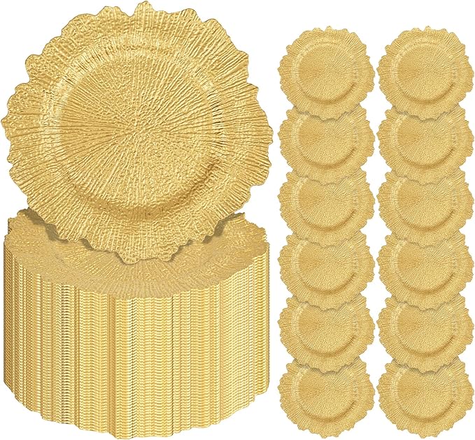 Pesonlook 100Pcs Gold Charger Plates Round 13inch, Reef Plate Chargers for Dinner, Bulk Plastic Floral Table Charger Plates for Dinner Wedding Party Event Table Setting Decoration(Gold)