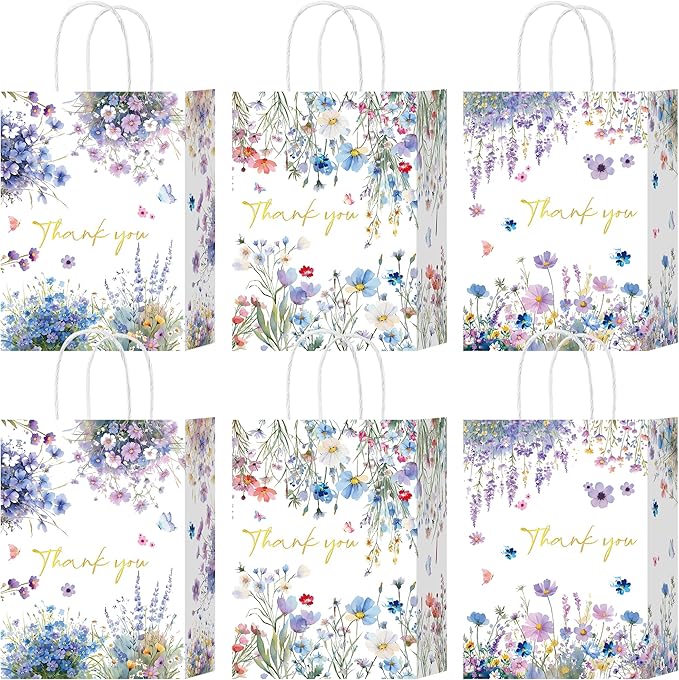W WINTMING 24 Pcs Thank You Gift Bags with Handle Wildflower Paper Bags Floral Thank You Goodie Bag for Wedding Birthday Candy Treat Bag Shopping Wrapping (Wildflower)