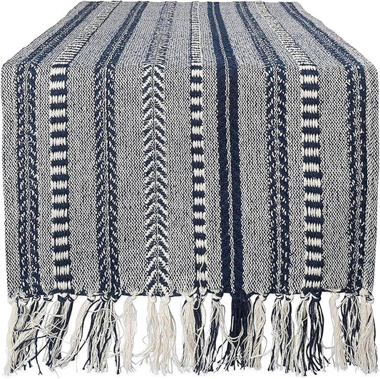DII Farmhouse Braided Stripe Table Runner Collection, 15x108 (15x113, Fringe Included), Navy Blue