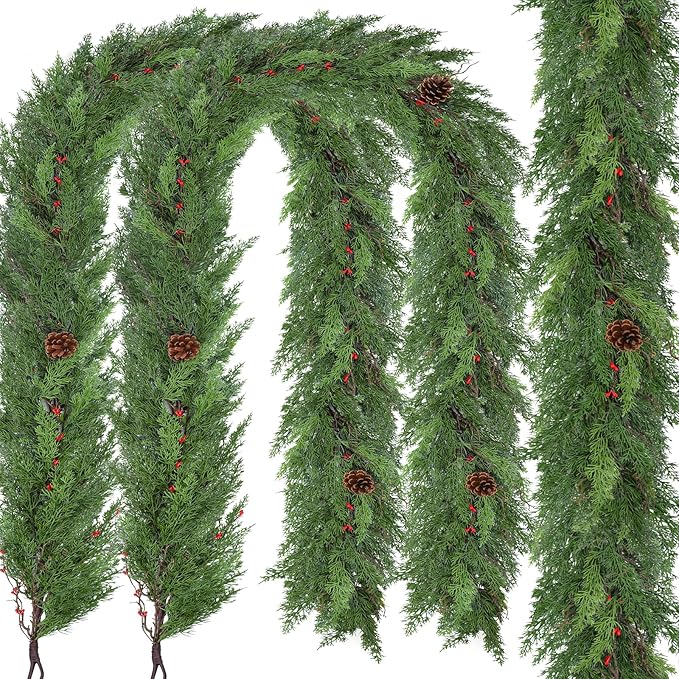 2 Pack 6FT Real Touch Christmas Garland with Pine Cone Artificial Realistic Faux Green Cedar Pine Garland,Thick and Lush, Lifelike Cedar Garland for Fireplace Indoor Outdoor Holiday Party Decoration