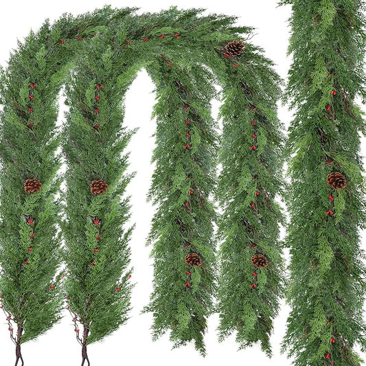 2 Pack 6FT Real Touch Christmas Garland with Pine Cone Artificial Realistic Faux Green Cedar Pine Garland,Thick and Lush, Lifelike Cedar Garland for Fireplace Indoor Outdoor Holiday Party Decoration
