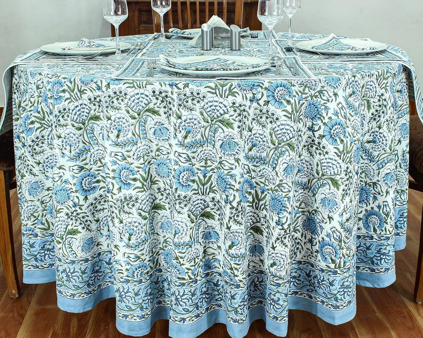 72 Inches Round Hand Block Printed Cotton Tablecloth, Blue Green Floral Table Cloths Washable, Indian Table Linen for Dinning Home Decor Autumn Outdoor Thanksgiving