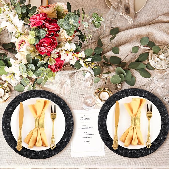 Uiifan 50 Pcs Antique Charger Plates Bulk 13'' Plastic Plate Chargers Decorative Embossed Rim Round Plates for Wedding Party Event Dinner Kitchen Table Setting Decoration (Black)