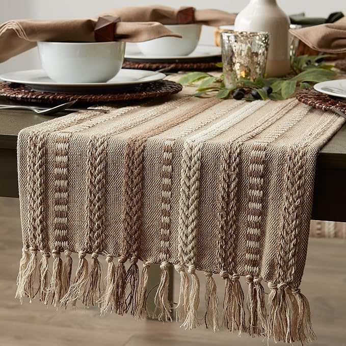 DII Farmhouse Braided Stripe Table Runner Collection, 15x72 (15x77, Fringe Included), Stone